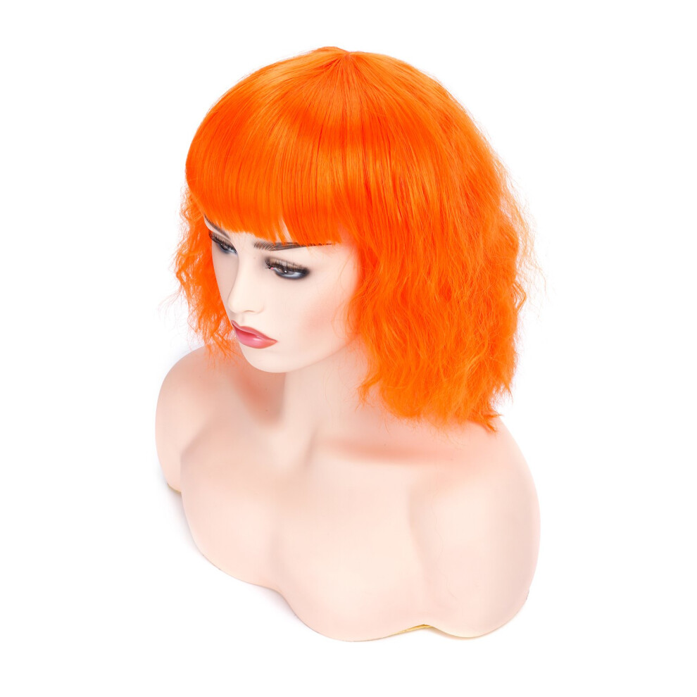 Morvalt Morvally Short Wavy Curly Bob Wig With Bangs Natural Heat Resistant Synthetic Hair Cosplay Costume Party Wigs (Orange)
