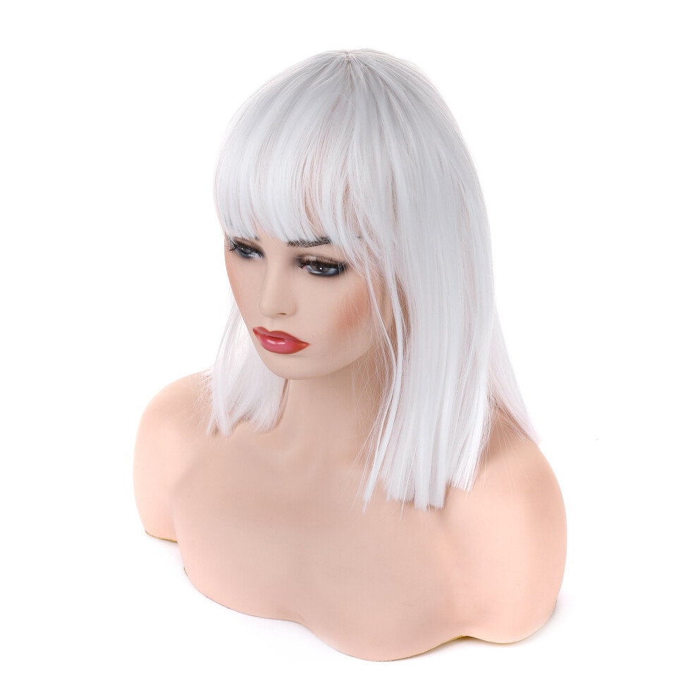 Morvally Kurze, Glatte Bob-Per Cke Mit Flachem Pony, Nat Rlich Aussehende, Hitzebest Ndige Kunsthaar-Cosplay-Kost Mper Cken (14 Zoll, Wei )-image