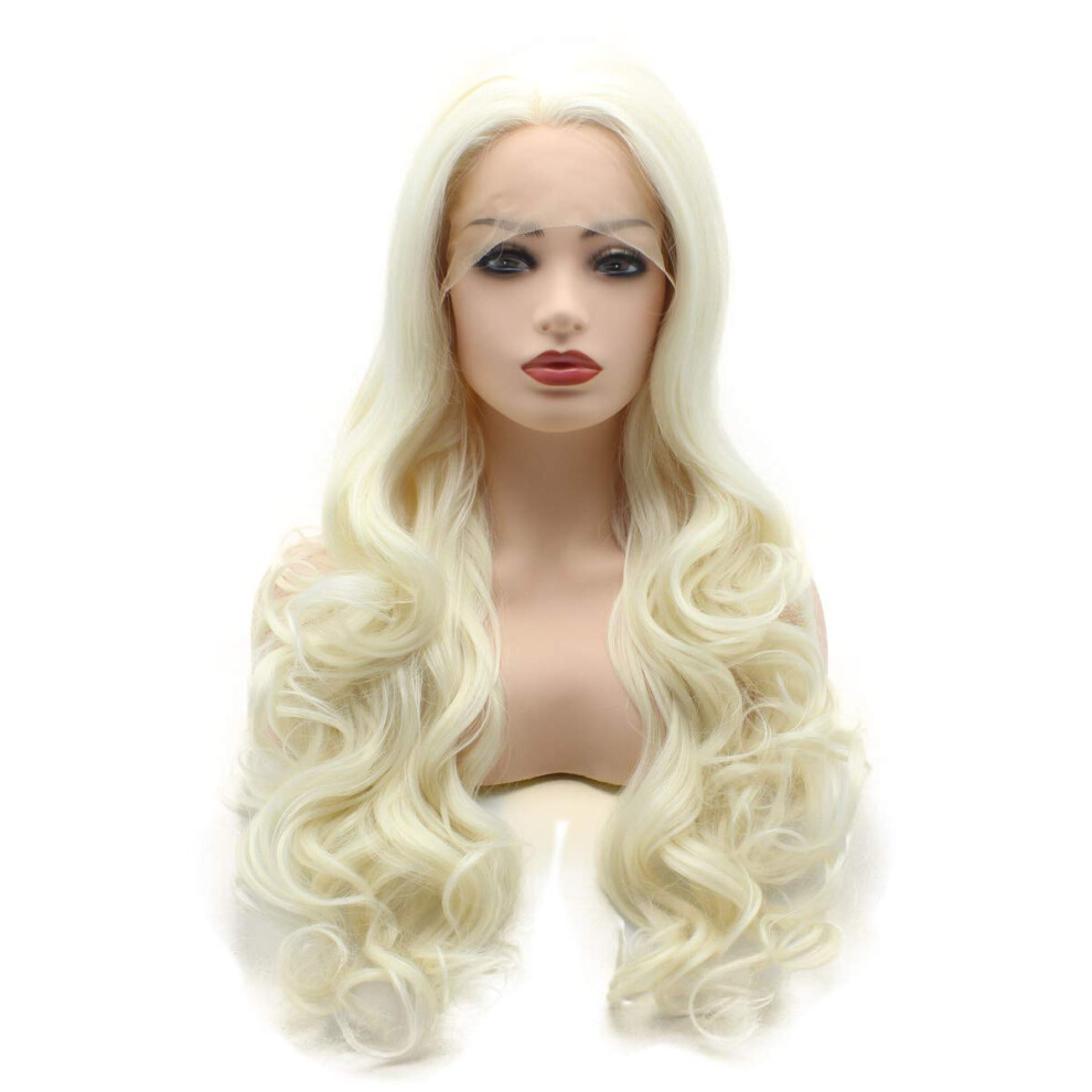 Meiyite Unisex Cream Hair Wavy Long 26Inch Beige Realistic Heat Friendly Synthetic Lace Front Wigs