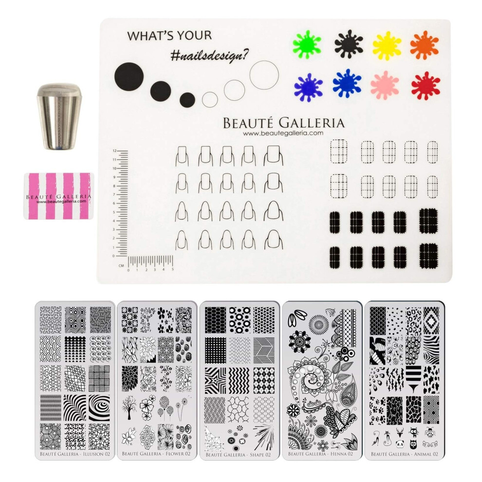 Ensemble de tampons pour nail art Beaute Galleria Bundle - 5 styles de plaques de tampon gravées de qualité supérieure, modèles d'images, tapis à