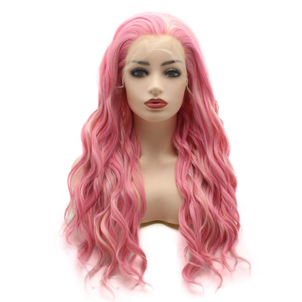 Meiyite Unisex Pink Hair Wavy Long 24Inch And Light Blonde Mix Heavy Density Realistic Synthetic Lace Front Wigs