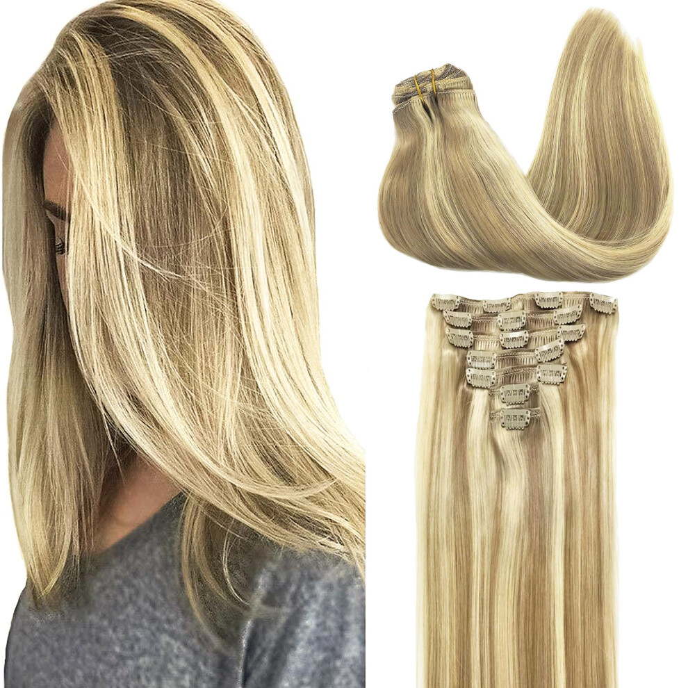 Goo Goo Unisex Gold Clip In Hair Extensions Real Human Hair 24Inch 120G 7Pcs 16/22 Light Blonde Highlighted En Blonde Remy Human Hair Extensions Clip Ins F
