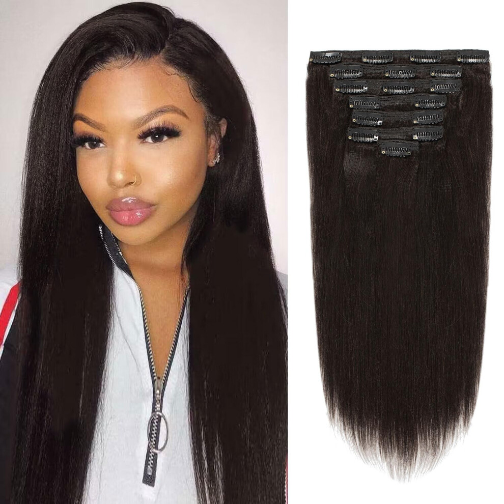 Loxxy Unisex Black Yaki Straight Clip In Hair Extensions Human Hair Real Remy Double Wefts For Women 120G 7 Pcs Yk 18 Inch