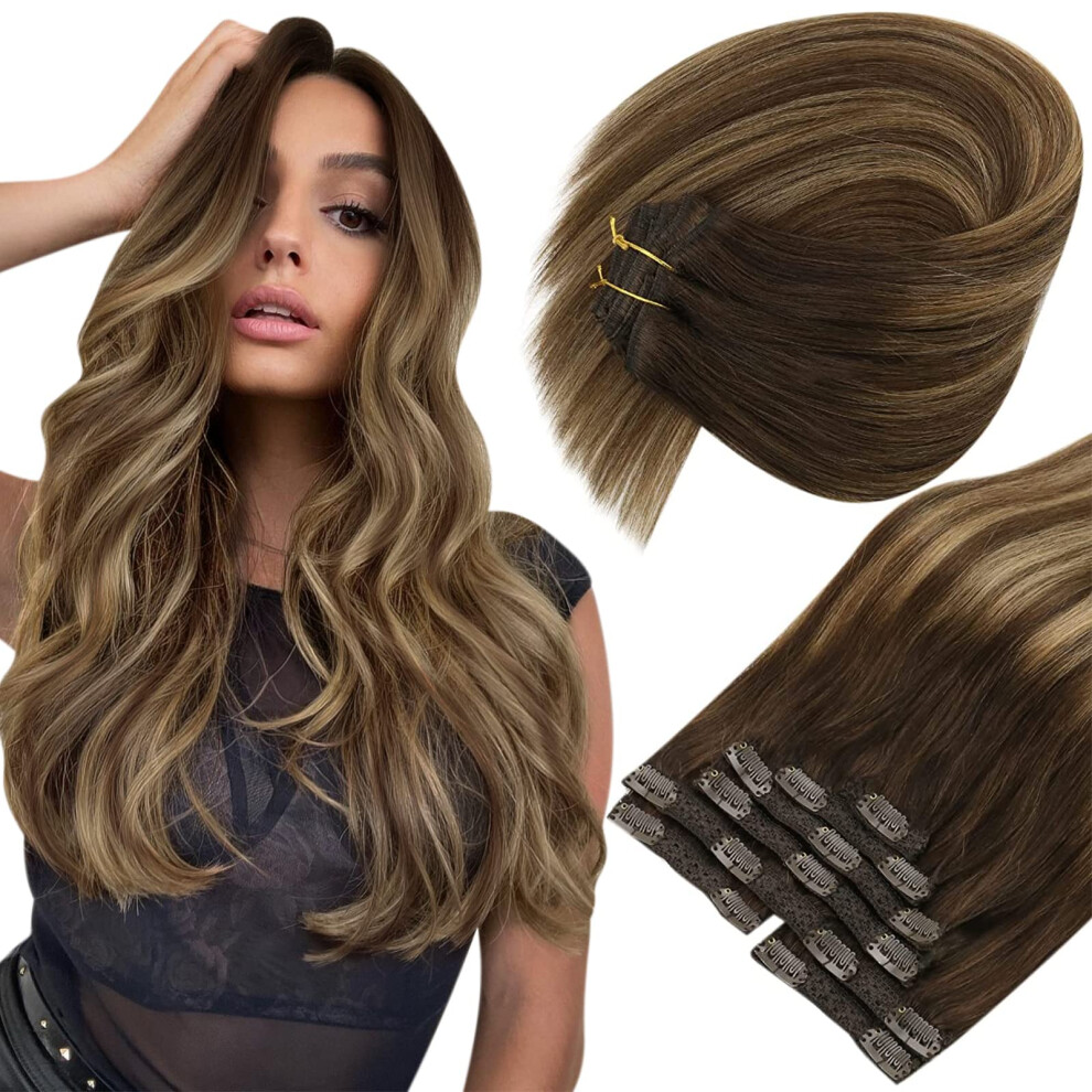 Sunny Hair Unisex Brown Sunny Balayage Clip In Hair Extensions Dark Ombre Blonde With Highlights Human Hair Clip In Extensions Balayage Hair Extensions Clip