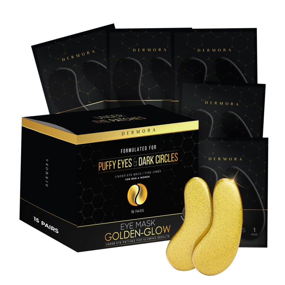 Dermora Golden/Dark Glow Under Eye Patches (15 Pairs Eye Gels) - Rejuvenating Treatment For Circles Puffy Eyes Refreshing Revitalizing Travel Wri