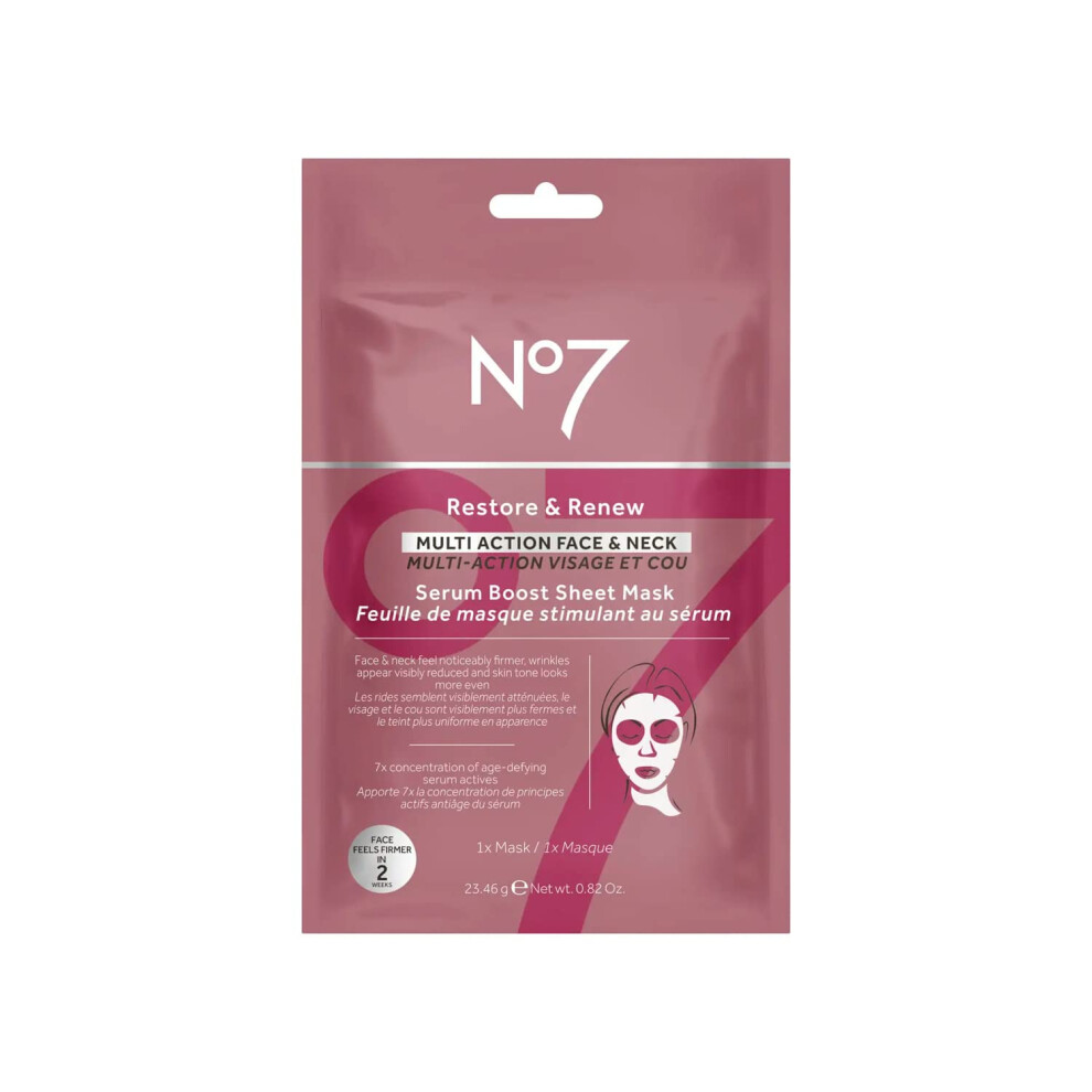 No7 Restore & Renew Multi Action Face & Neck Serum Boost Sheet Mask - Anti Aging Skin & Neck Firming Wrinkle Reducing Mask - Skin Brightening & Hydrat