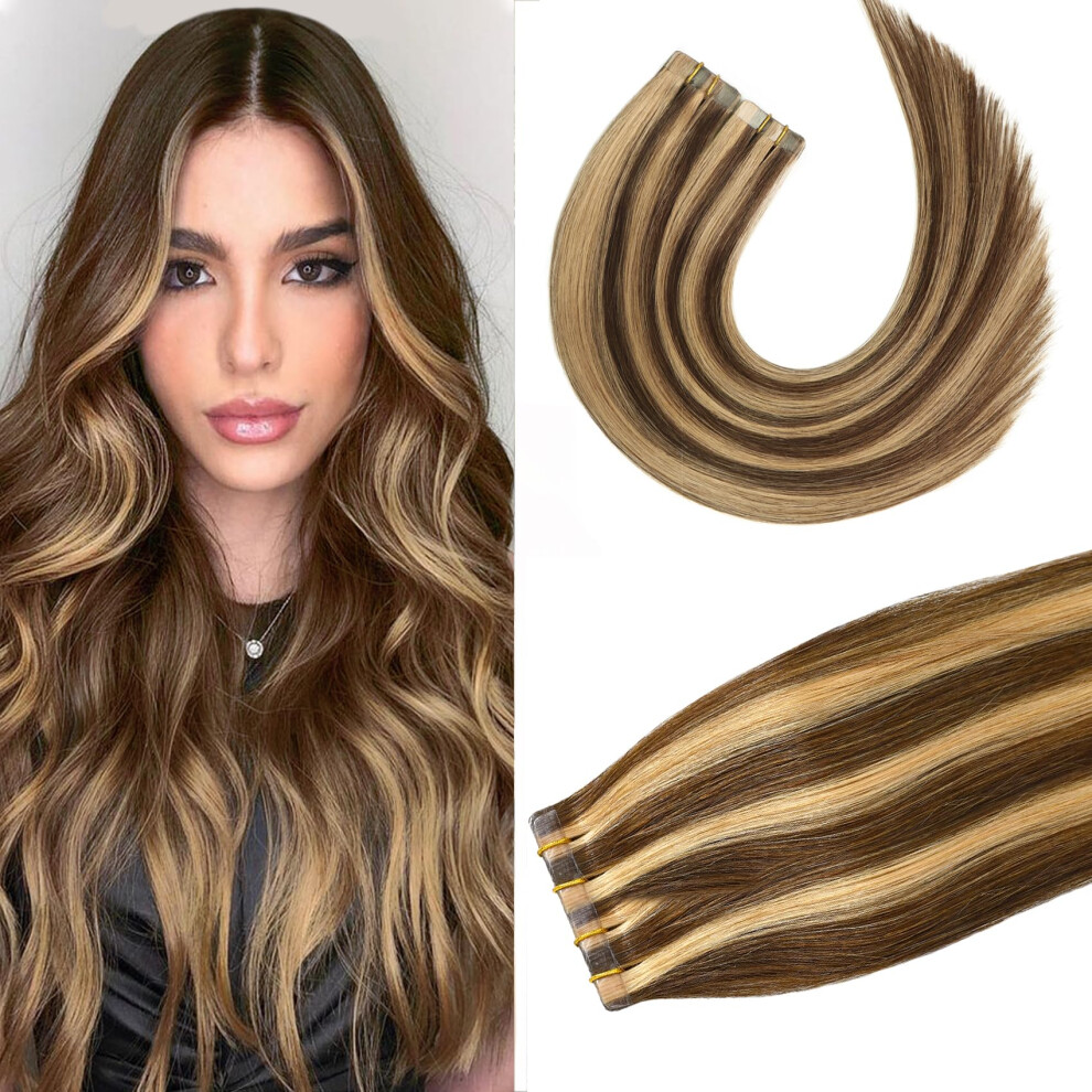 Aison Unisex Brown Highlight Chocolate To Caramel Blonde Tape In Hair Extensions Human Hair Extensions Silky Straight For Women 20 Pcs/Package(18Inch #4P27 4
