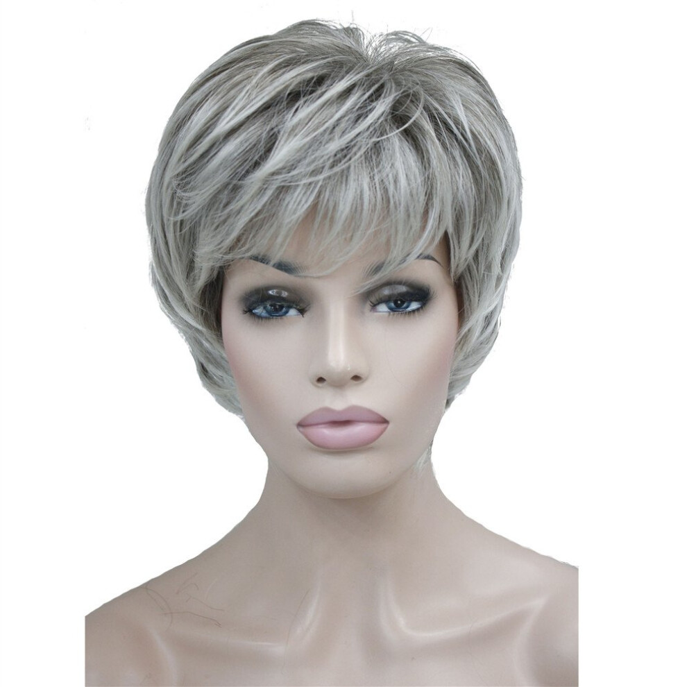 Matt Unisex Red Aimole Short Laye Body Wave Wigs Synthetic Women's Wig Full Hair (48T Gray With Dark Root)