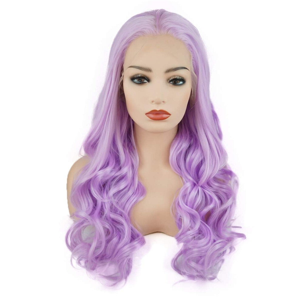 Meiyite Unisex Purple Hair Wavy Long 24Inch Light Heavy Density Heat Resistant Realistic Synthetic Lace Front Wigs