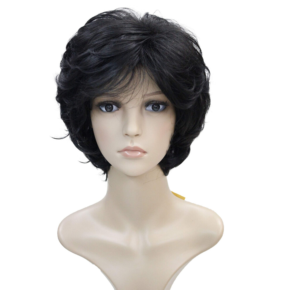 Wiginway Unisex White,Black Short Layered Shaggy Wavy Wigs Full Synthetic Bob Capless Wigs For White Women Natural Black