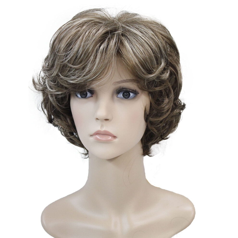 Wiginway Unisex White,Brown Short Layered Shaggy Wavy Wigs Full Synthetic Bob Capless Wigs For White Women Brown Highlights