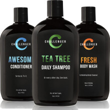 Challenger Mens Tea Tree Shampoo Conditioner & Fresh Body Wash Trio 3X 16 Oz Bottles | Sulfate Free w/Vitamins Argan Oil Biotin | Keratin V