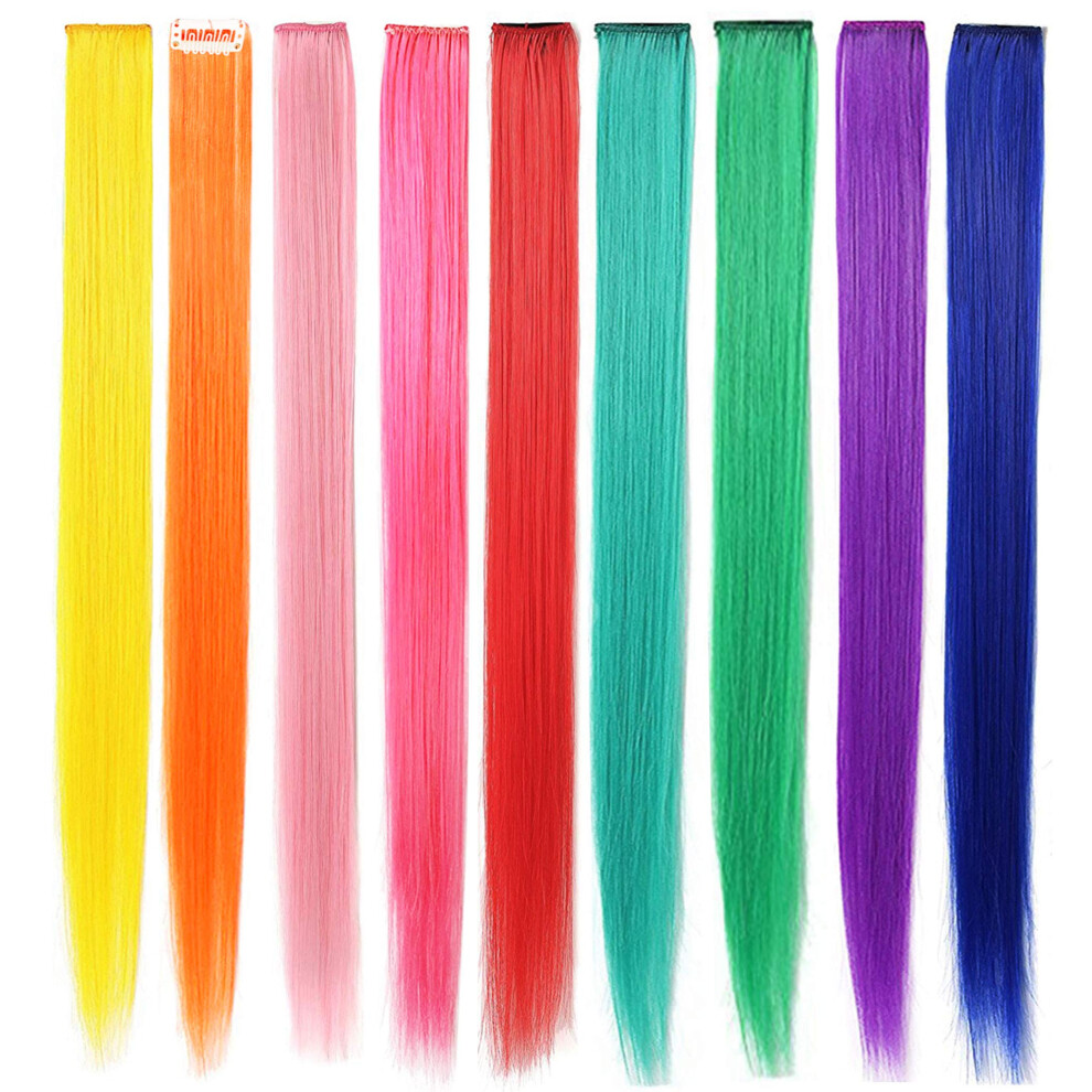 FAIRY COLOR 9PCS Girls Hair Accessories Party Highlights Colorful Clip in Synthetic Hair Extensions