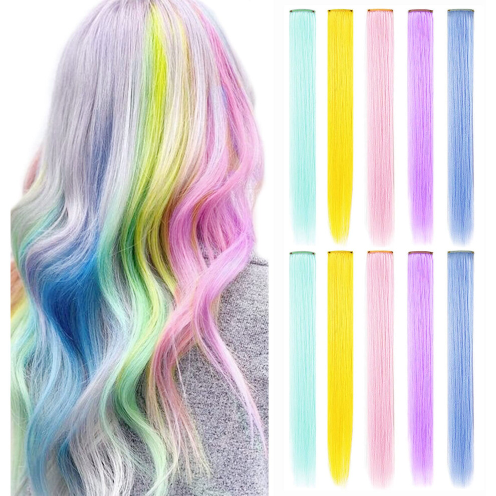 FAIRY COLOR 10 PCS Colored Hair Extensions  Multi-colors Party Highlights Clip in Heat-Resistant Synthetic Hair Extensions 21 inch (Light blue Light p