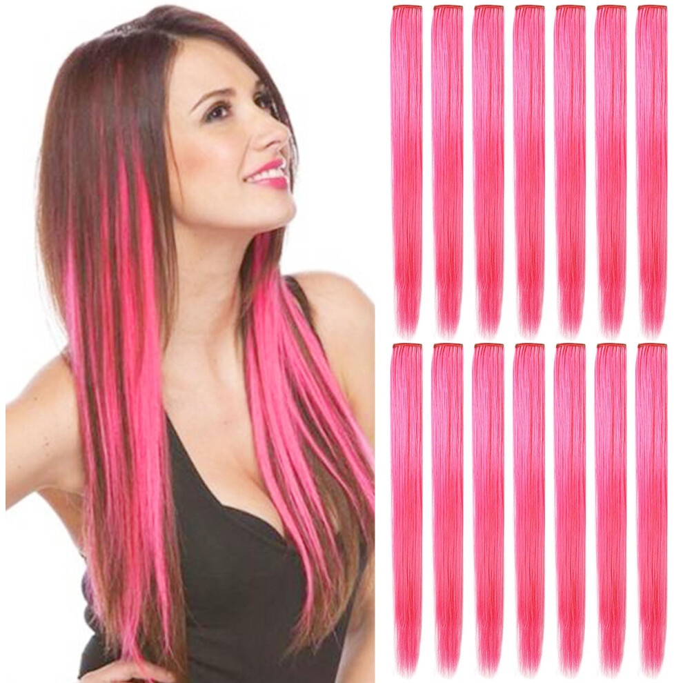 FAIRY COLOR 12 Pcs Straight One Color Party Highlights Clip on in Hair Extensions Colored Hair Streak Synthetic Hairpieces (Pink)