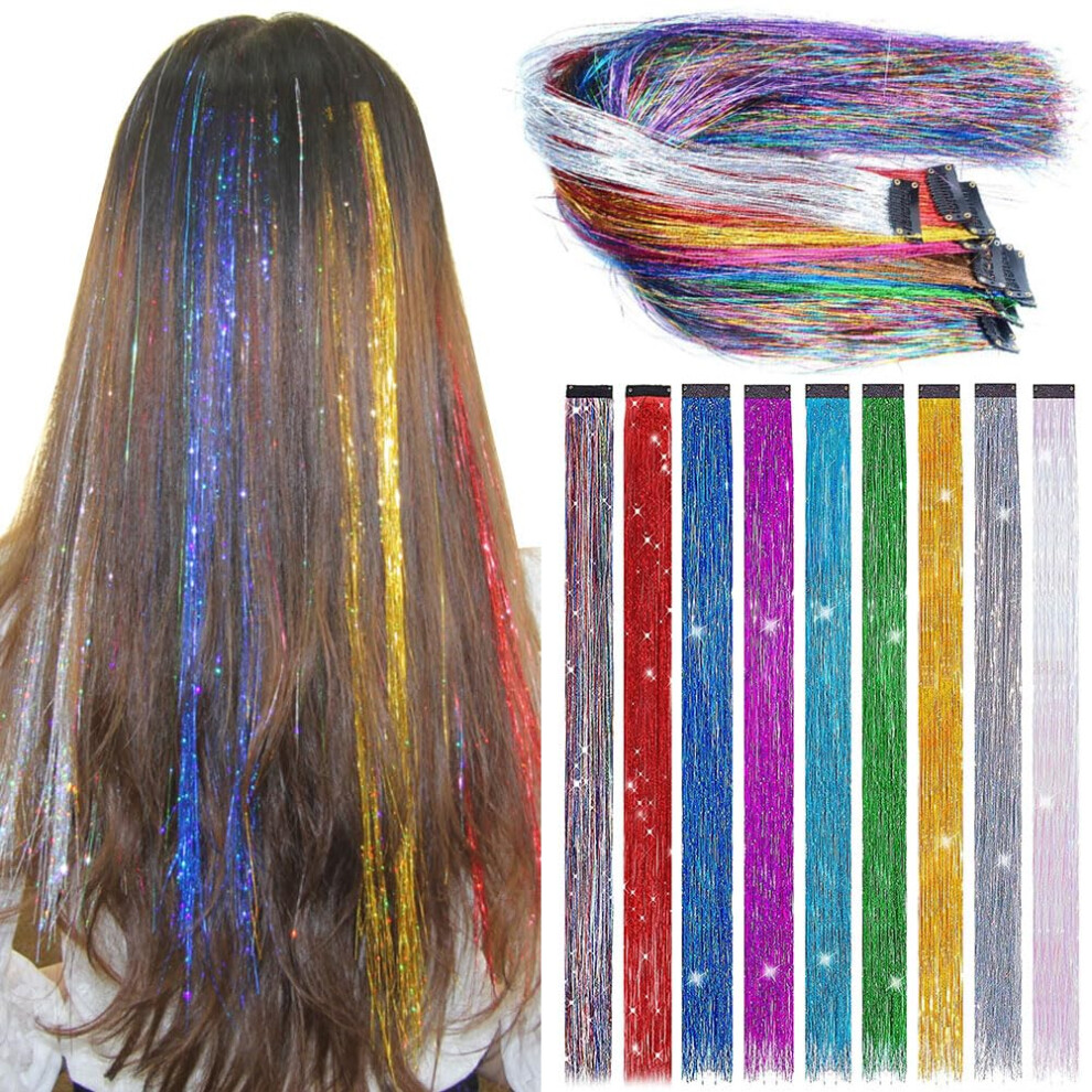 FAIRY COLOR 9PCS Girls Hair Accessories Party Highlights Colorful Clip in Tinsel Hair Extensions