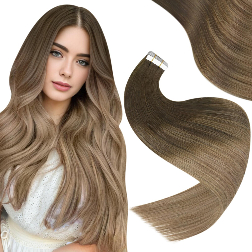 Easyouth Unisex Brown Tape In Hair Extensions Human Hair Balayage Tape In Real Hair Extensions 16 Inch 40G 20Pcs Invisible Tape In Extensions Ombre To Blonde