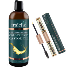 Live Fraiche Organic Castor Oil (16oz) + Filled Mascara Tube - 100% Pure Hexane Free Cold Pressed Castor Oil for Skin and Face - Hair Growth Oil