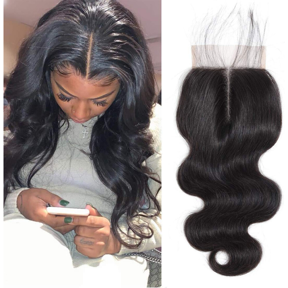 Amberhair Lace Clousre Human Hair Body Wave 8A Brazilian Virgin Remy Hair 3.5X4 Middle Part Closure With Baby Hair 130% Density Natural Color 12Inch
