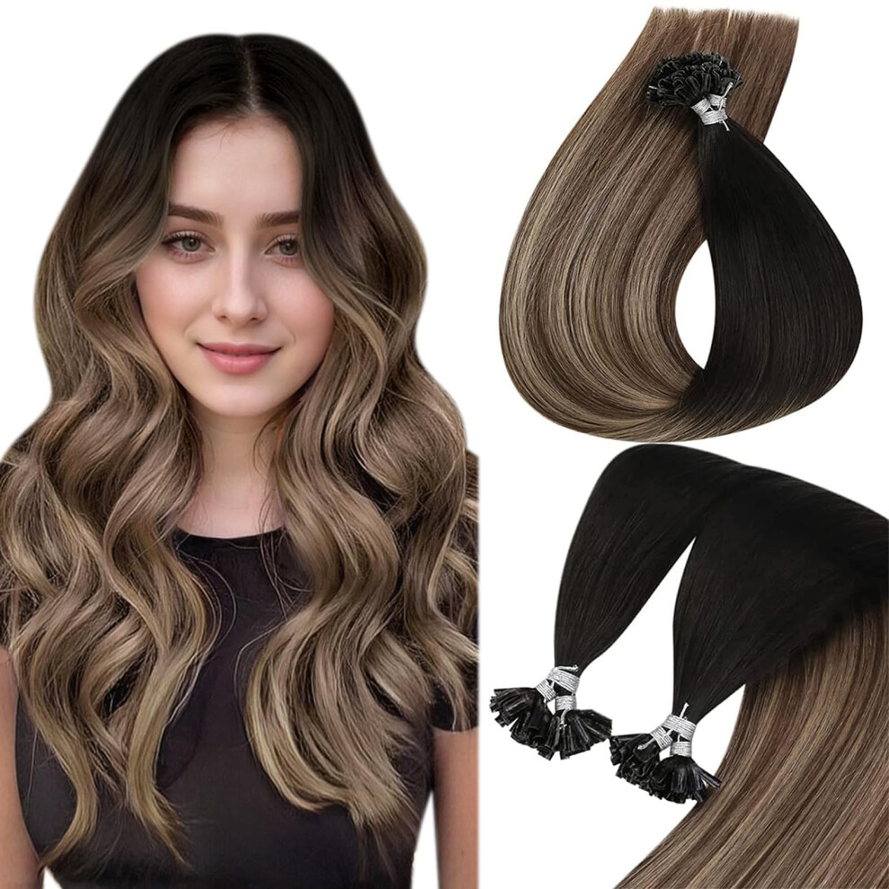 Sunny Hair Unisex Black,Brown Sunny Utip Hair Extensions Black Ombre Keratin Human Hair Extensions Black Ombre Dark Brown With Ash Blonde Balayage Pre Bonded Utips Hair Extensions