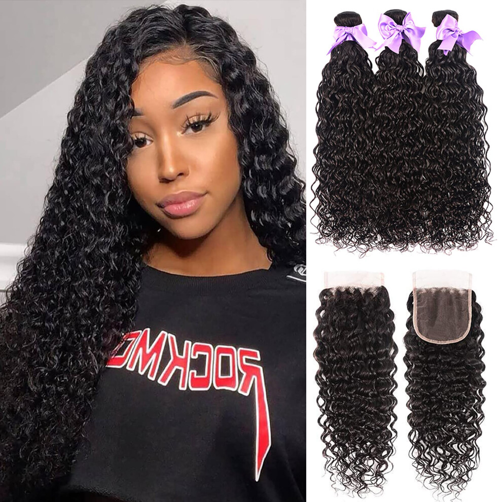 Laritaiya Unisex Not,Specified 8A Brazilian Virgin Human Hair Water Wave Bundles With Closure 100% Unprocessed Wet And Wavy Deep Curly 3 Bundles With Lace Closure Ocean Wave Remy Ha
