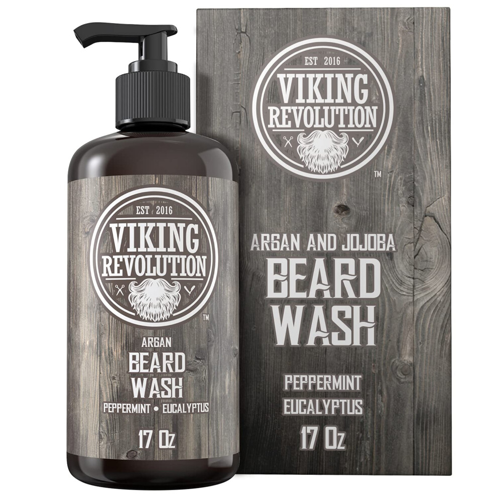Viking Revolution Beard Wash Shampoo W/Argan & Jojoba Oils - Softens & Strengthens - Natural Peppermint And Eucalyptus Scent - Beard Shampoo W/Beard Oil (17 Oz Shampoo)