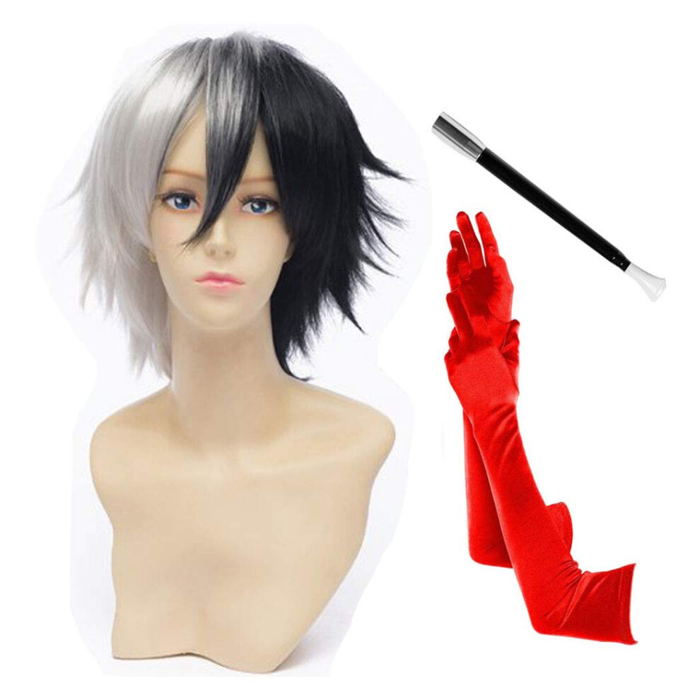 Perruque r  aliste courte noire et blanche pour costume de savant fou (ensemble complet)