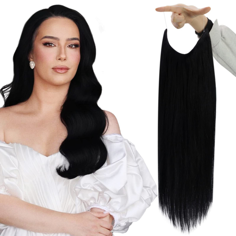 Pesca Brillante Fshine Wire Hair Extensions Human Hair Jet Black 18 Inch Removable Hair Extensions One Piece Clip In Extensions Human Hair Natural 80Gram Invisible Se