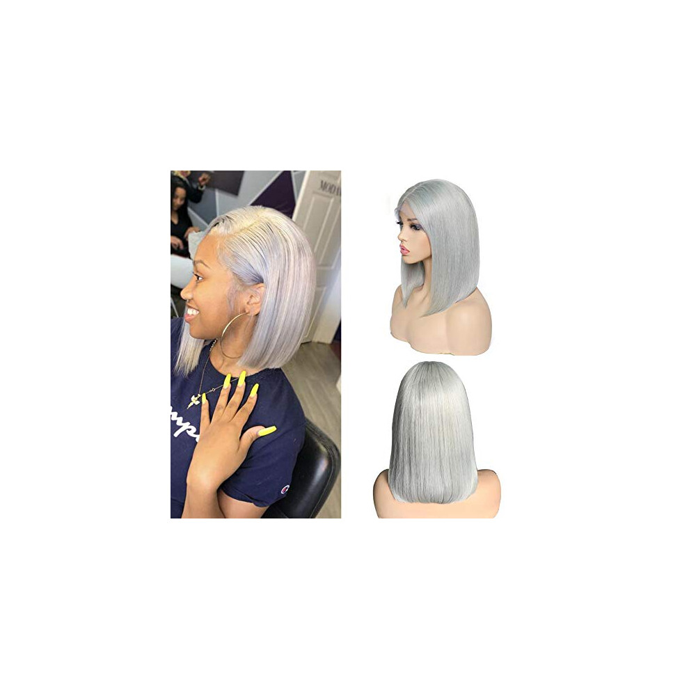 Smartinnov Unisex Grey Glueless Hd Lace Bob Wigs Human Hair 180% Density Pre Plucked Straight 12Inch Middle Part 13X4 Transparent Lace Frontal Bleach Knot Gray Sho