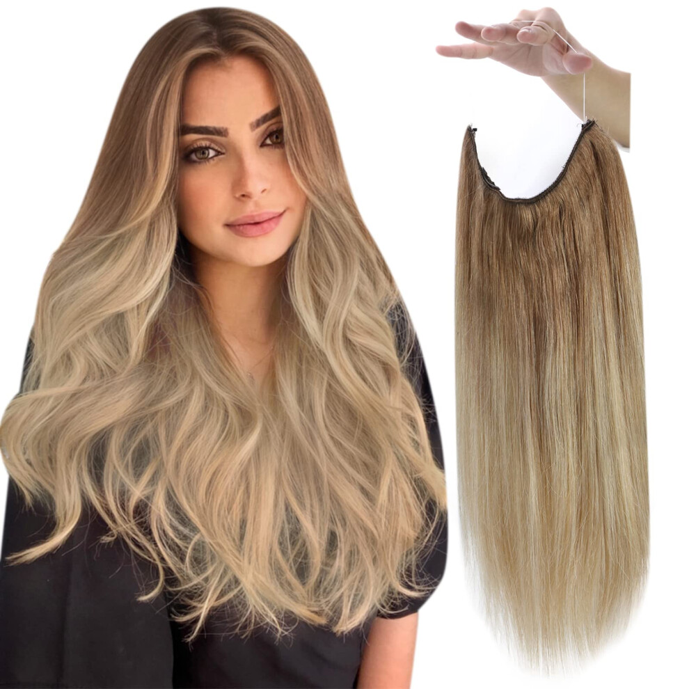 Fshine Invisible Wire Hair Extensions Secret Hairpiece 70G Seamless Fish Wire Extensions Real Human Hair Color 10/14 Brown To Blonde Fish Line Hair Ex