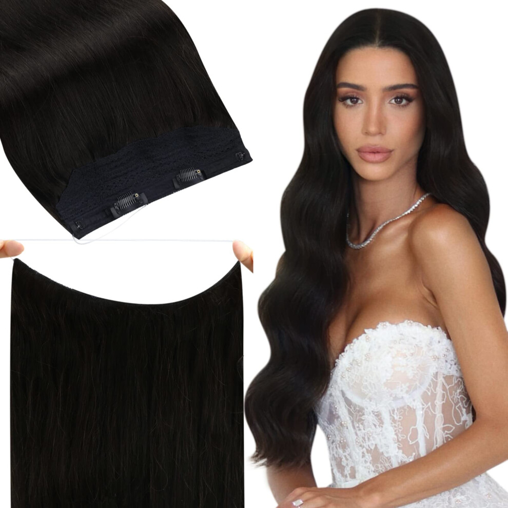 Fshine Unisex Black Invisible Wire Human Hair Extensions Remi Off For Women Miracle Wire In Hair Extensions Fish Line Hair Extensions 80G 20 Inch