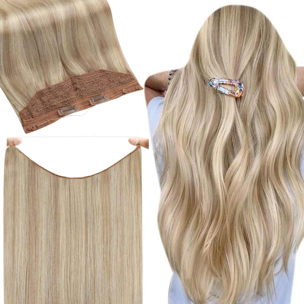 Fshine Unisex Wire Hair Extensions Human Hair Invisible Wire Extensions 80G Hairpiece Natural Real Hair Extensions Ash Blonde Highlighted Bleach Blonde Secre