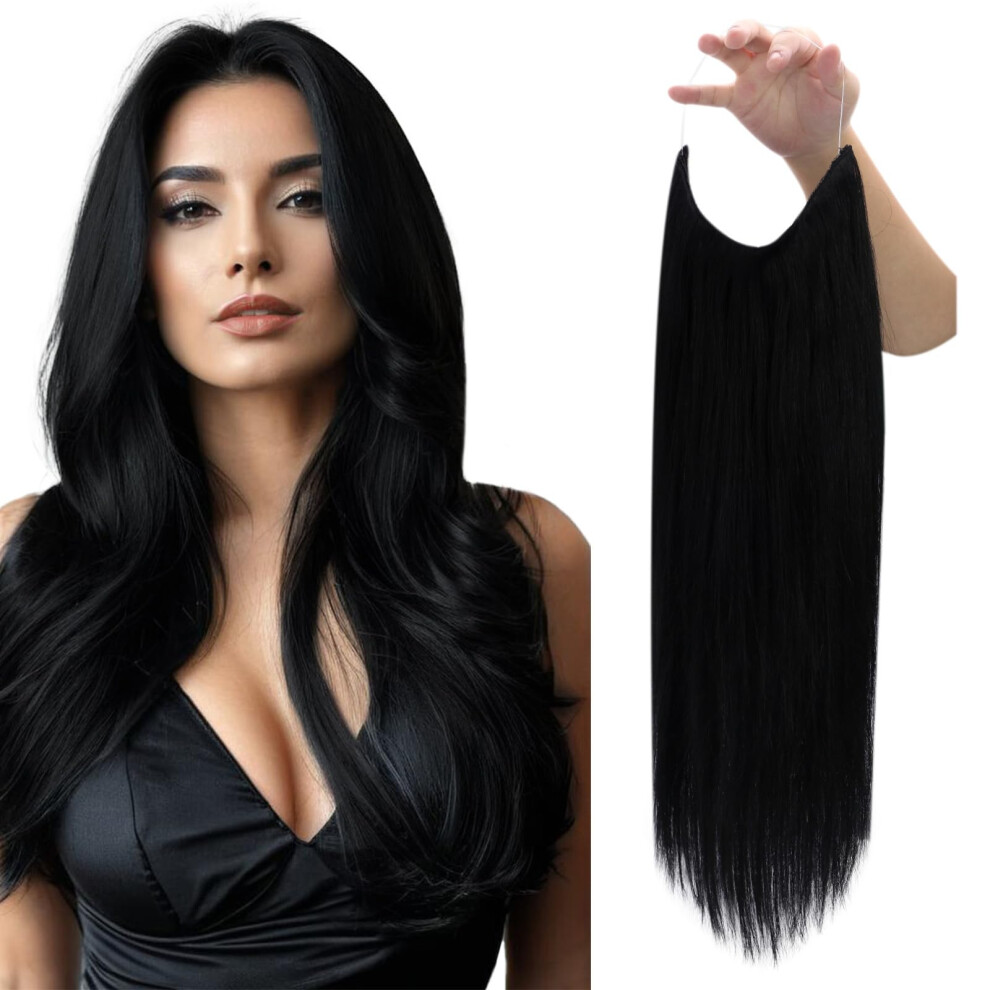 Fshine Unisex Black Human Hair Extensions Wire Hair Jet 20 Inch 80G Hairpiece Real Human Hair Extensions Transparent Line Human Hair Extension Remy Wire Hair
