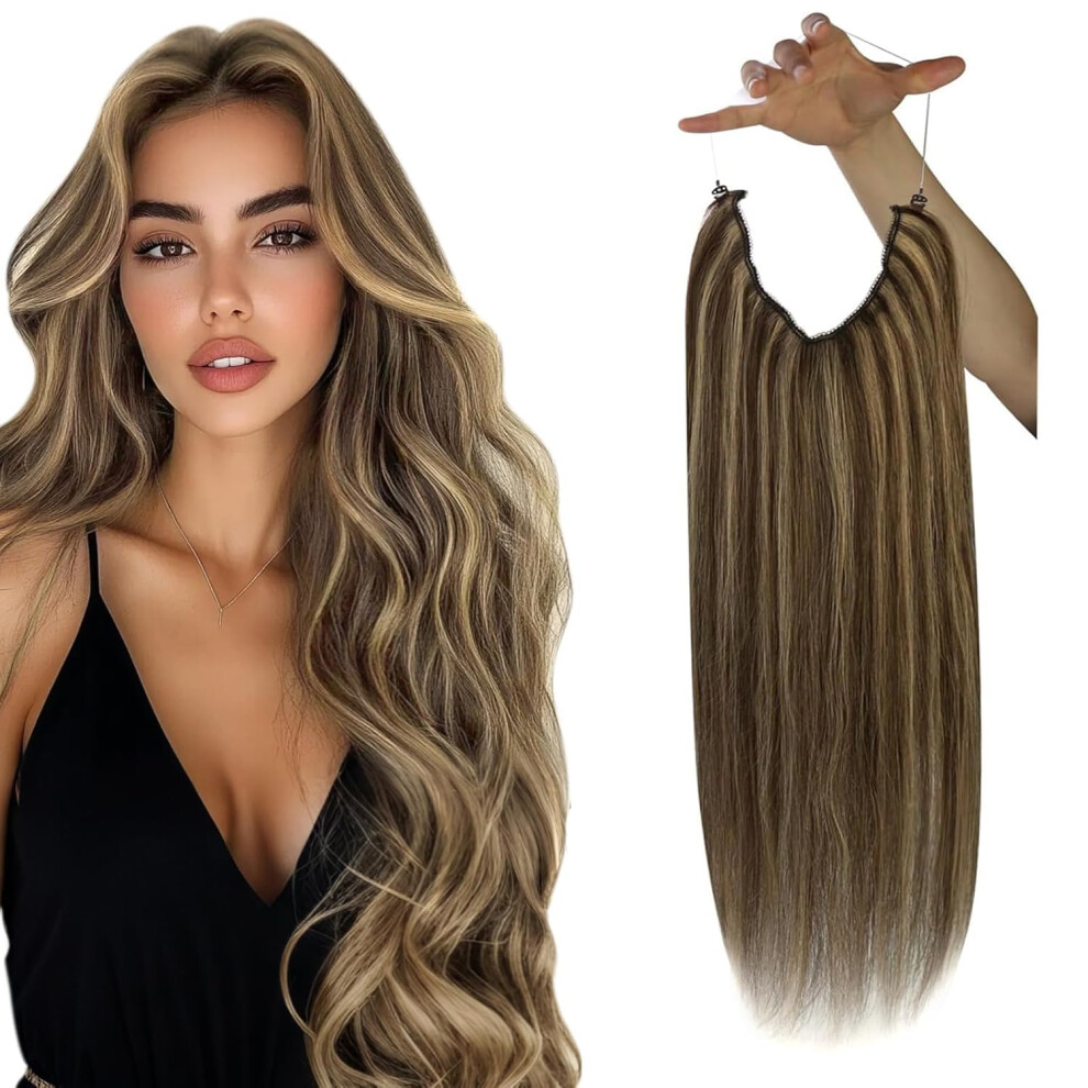 Sunny Hair Unisex Brown Sunny Wire Hair Extensions Dark Mix Caramel Blonde Highlights Hair Extensions Wire Human Hair Invisible Hairpiece Wire Human Hair Extensio