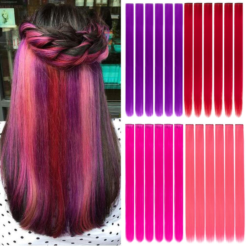 Hh Fashion Unisex Red 20 Straight Colourful Hair Party Highlights Clip On In Hair Extensions Colo Hair Streak 24 Pcs Colo Synthetic Hairpieces For Woman(Red+Rose