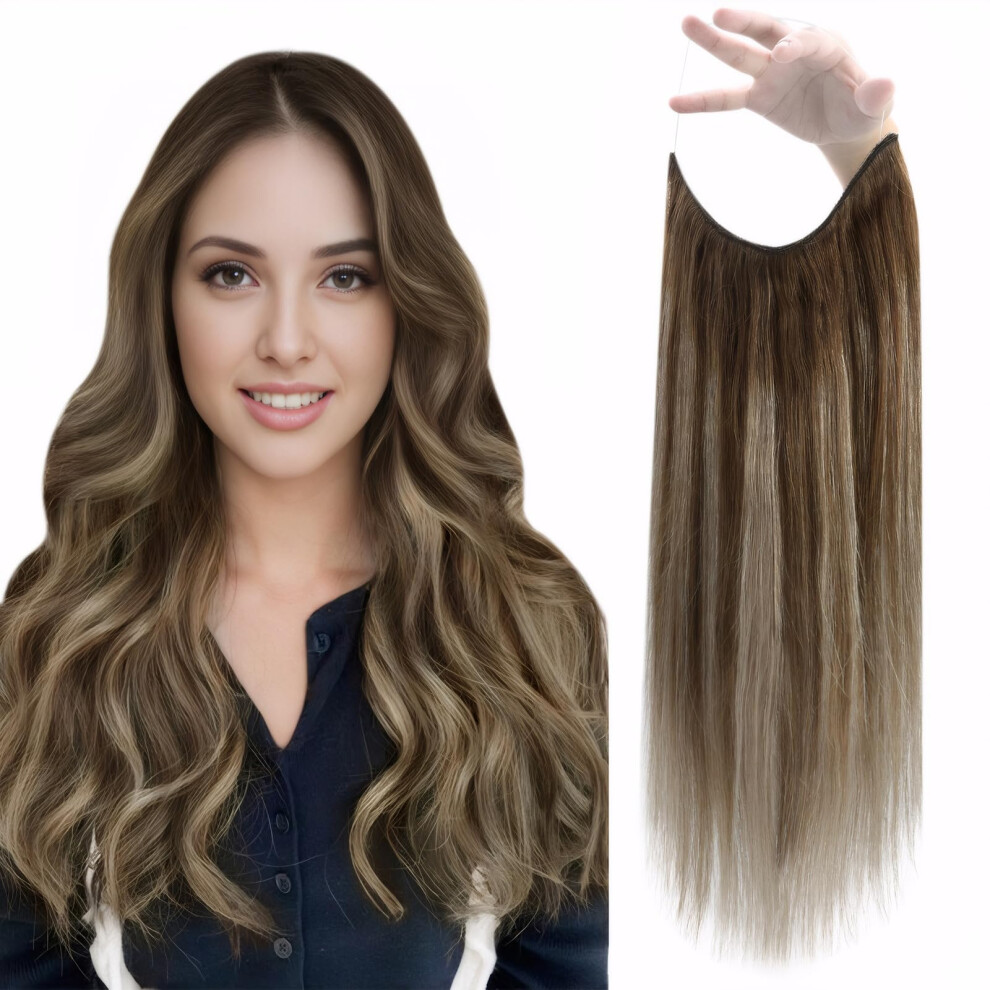 Pesca Brillante Fshine Fish Line Hair Extensions Brown Balayage Human Hair Extensions 12 Inch 70 Grams Short Remy Hair Realistic Fish Wire Hair Extensions With 4 Clip