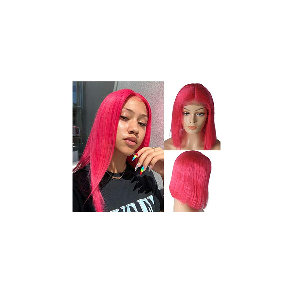 Smartinnov Unisex Pink Hot Bob Wigs Straight Human Hair 12Inch Lace Front Pre Plucked Hairline With Baby Hair Glueless Short Cut Brazilian Virgin Hair 13X4 Middle Part