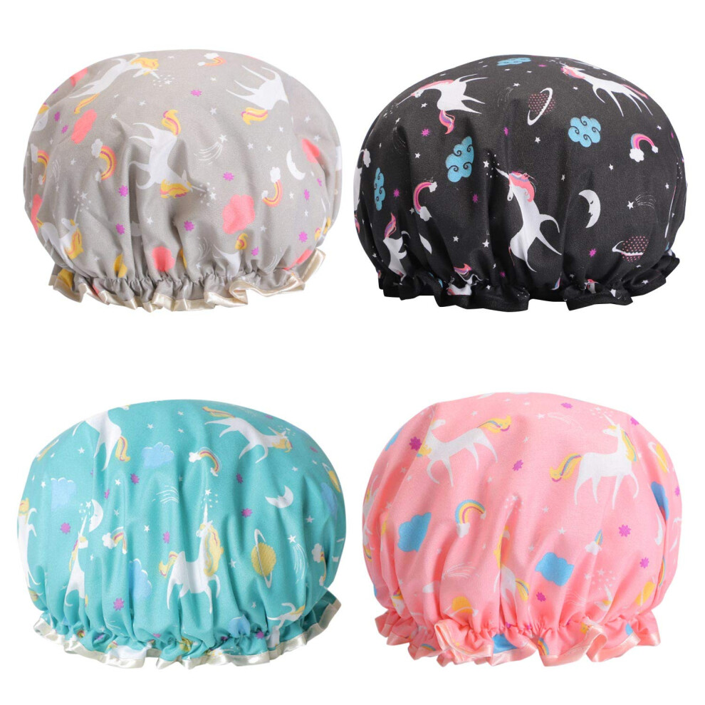 Tbestmax Unicorn Shower Caps Double Layers Bath Hat For Women To Cover Long And Thick Hair Reusable Waterproof Bonnet 4 Pack