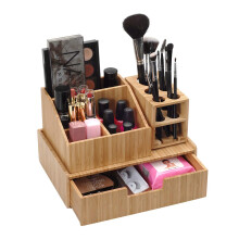 MobileVision Bamboo Makeup Organizer Complete Combo, 3 PC set INCLUDES: 5 Section Brush Holder, 4 Compartment Cosmetic Caddy & Drawer for added extra