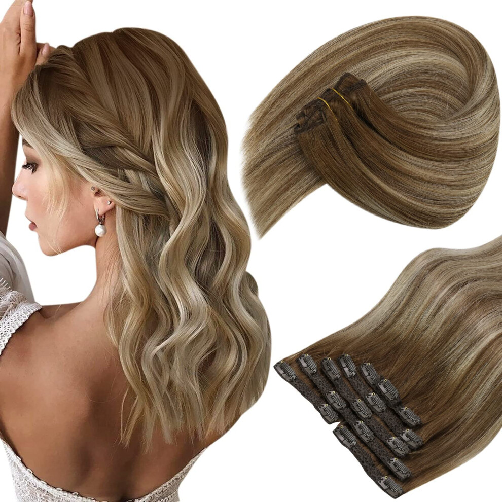 Sunny Hair Unisex Brown,Silver Sunny Clip In Hair Extensions Real Human Hair Balayage Brown With Blonde Highlights Clip In Human Hair Extensions Chestnut Brown Balayage Platinum Blo