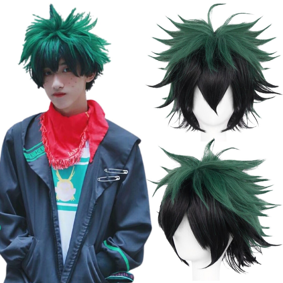 Joneting Green Cosplay Wig +(Wig Cap) For Anime Short Wavy Synthetic Wigs For Halloween Dark Green Wig For Men Costume Peluca Verde Cosplay Wig For Ch