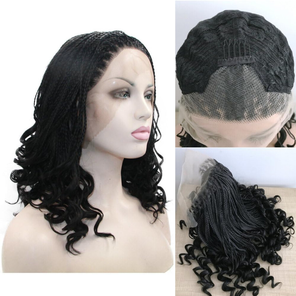 Yinuozhogntian 1B Black Box Braided Wig For Women Heat Safe Natural Color Synthetic Lace Front Wigs Medium Length Braids With Curly Ends Hairstyle Ha
