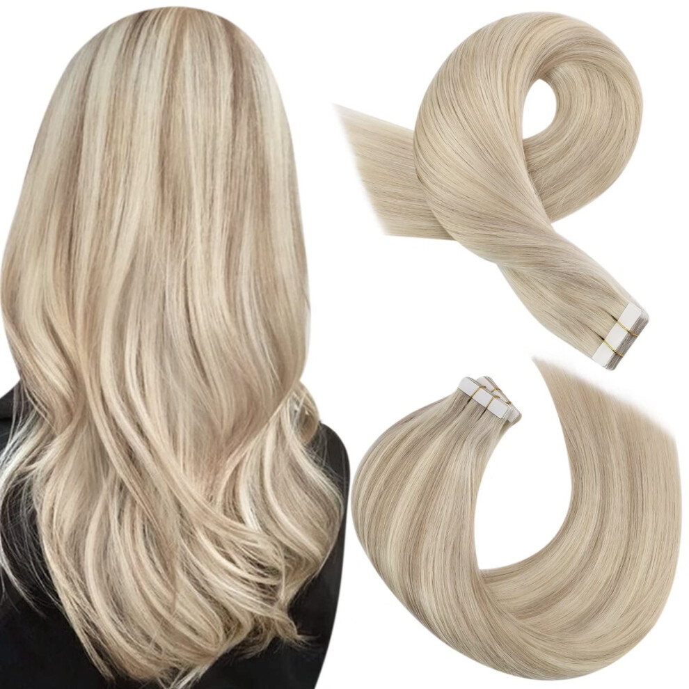 Moresoo Unisex Blonde Tape In Extensions Highlighted Blonde Tape In Hair Extensions Human Hair Ash Blonde Mix With Bleach Blonde Hair Extensions Real Human H