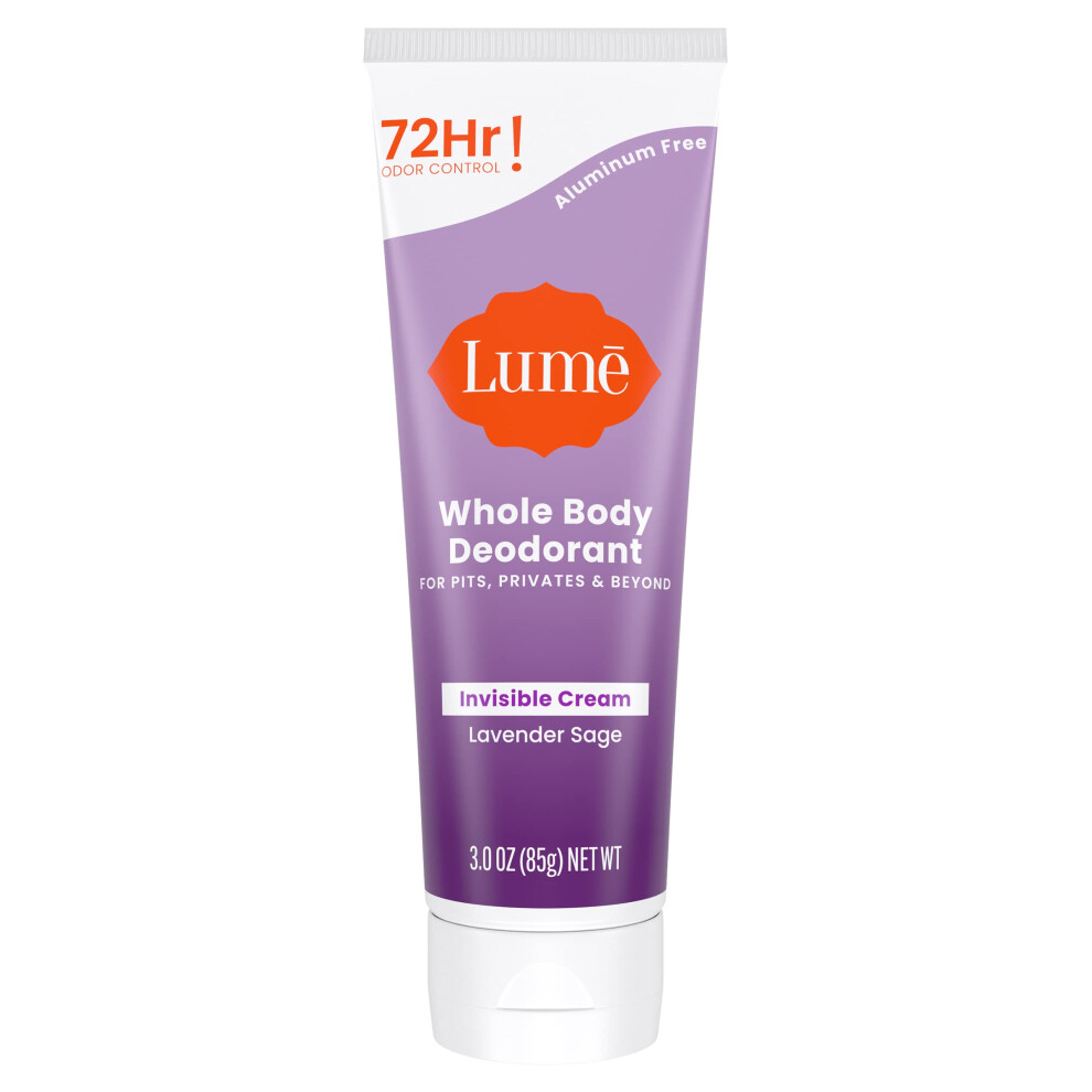Lume Whole Body Deodorant - Invisible Cream Tube - 72 Hour Odor Control - Aluminum Free, Baking Soda Free, Skin Safe - 3.0 Ounce (Lavender Sage)
