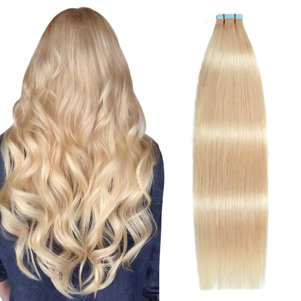 Suyya Unisex Tape In Hair Extensions Human Hair Ash Blonde 100% Remy Hair 18 Inches 20Pcs 50G/Pack Straight Seamless Skin Weft Tape In Human Hair(18Inch #16