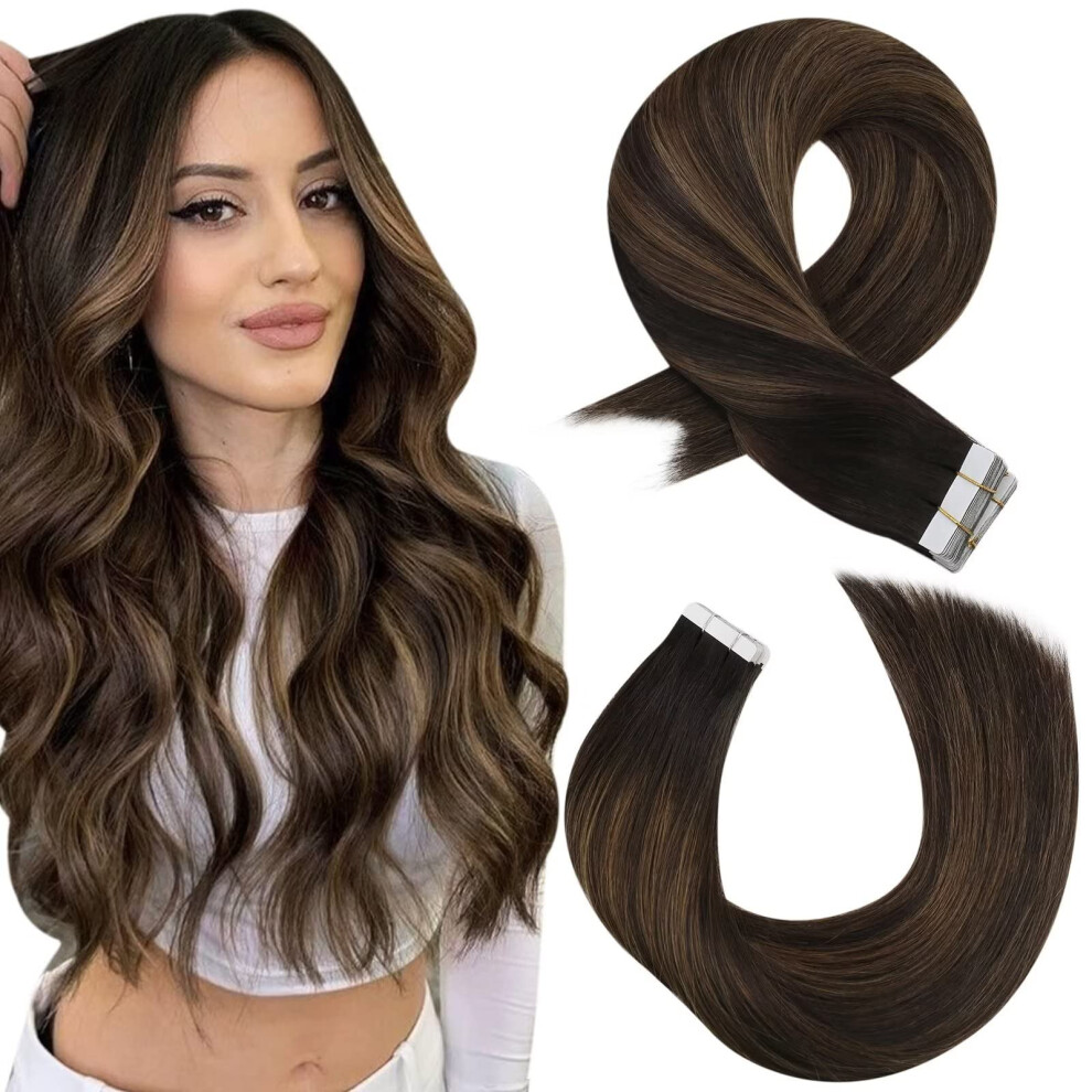 Moresoo Unisex Brown Invisible Tape In Hair Extensions Ombre Human Hair Tape In Extensions Balayage Darkest Mix With Medium Tape In Extensions Seamless