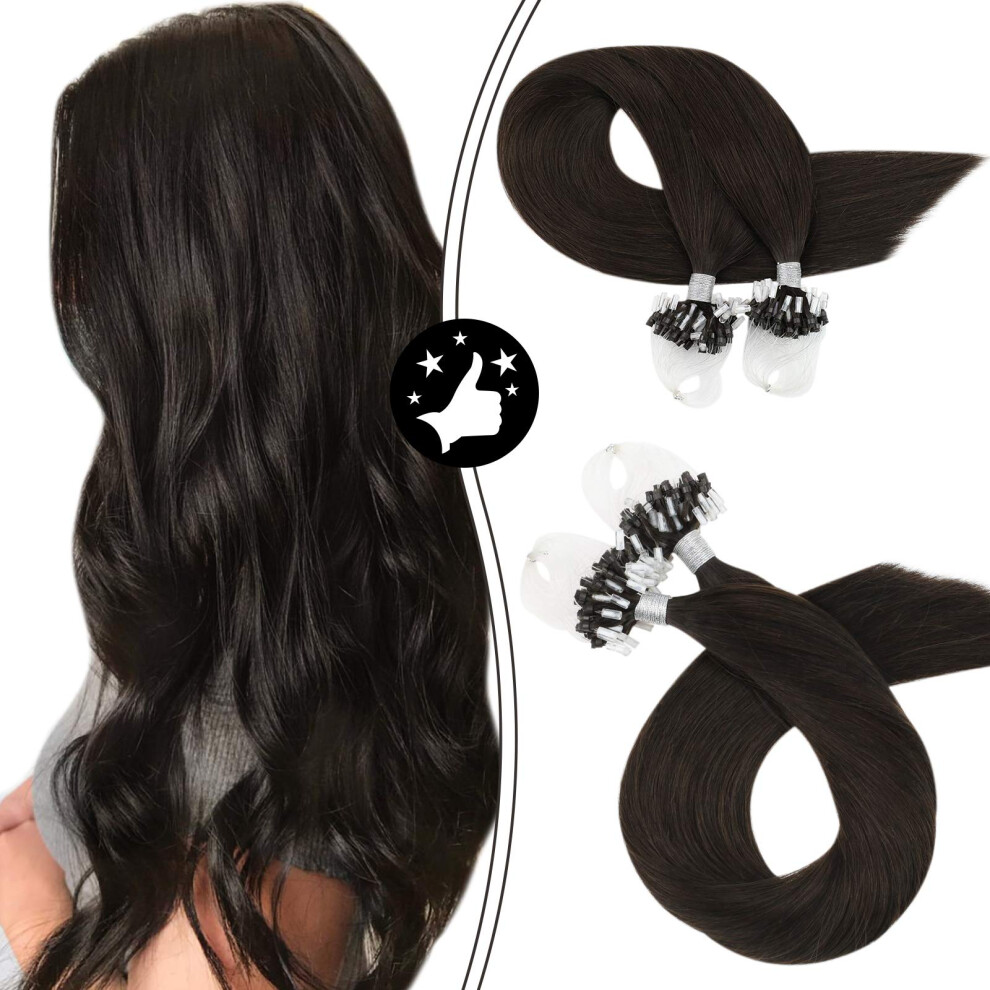 Moresoo Unisex Brown Micro Loop Hair Extensions Human Hair 24 Inch Micro Link Extensions Human Hair Color #2 Darkest Beaded Hair Extensions 50G/50S Microlink