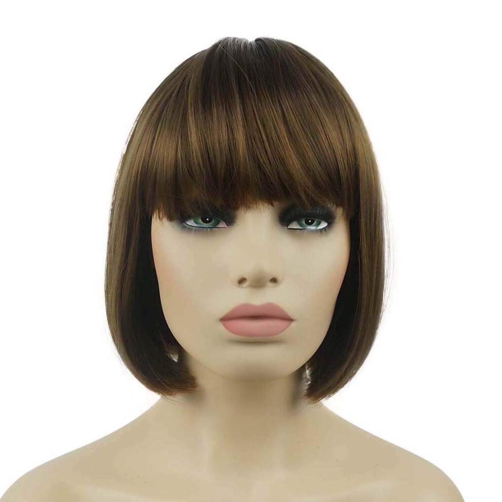 Lydell Unisex Brown 8"""" Straight Short Bob Hair Flat Bangs Cute Central Dot Skin Top Heat Resistant Synthetic Wigs (Light Reddish Golden )