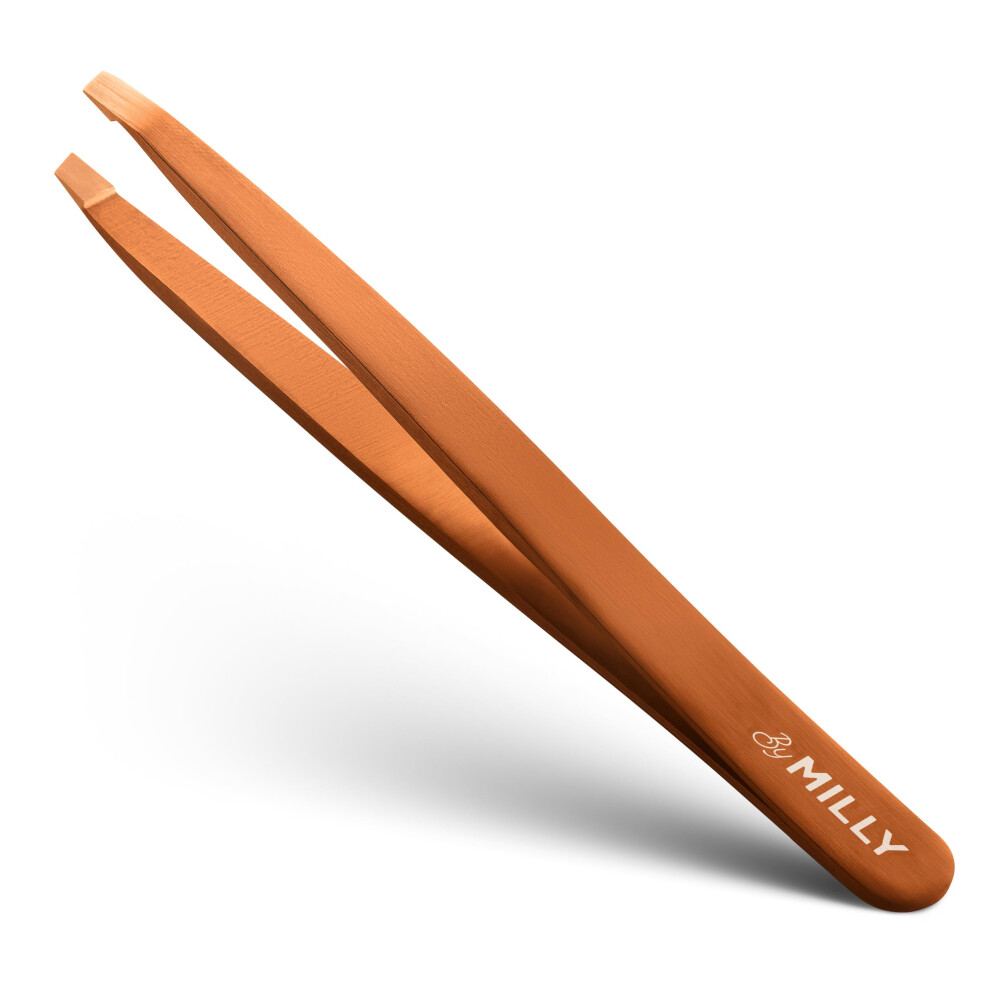 By Milly German Steel Professional Slanted Tweezers - Hammer Forged 100% Stainless Steel - Hand-Filed And Aligned Slant Tips For Precision - Rose Gold