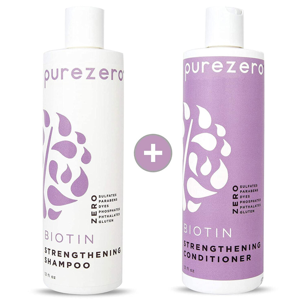 Purezero Biotin Shampoo & Conditioner Set - Anti Thinning Formula - Volumizing Thicker Fuller Hair - Zero Sulfates Parabens Dyes Gluten - 10